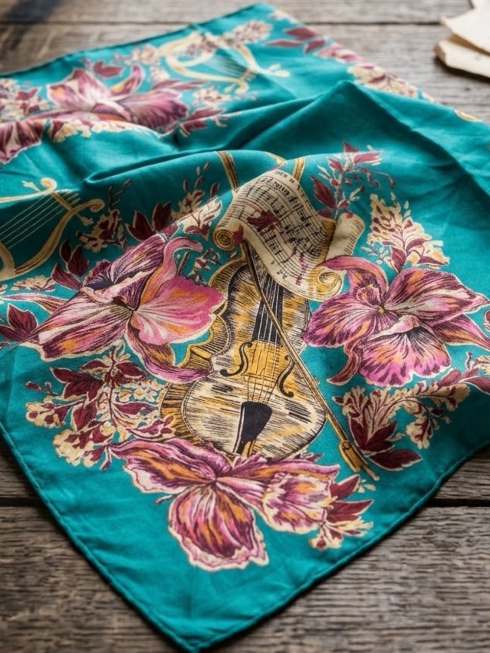 Vintage 50s 100% Silk Large Square Scarf Violin Harp Sheet Music Teal Blue 33x32